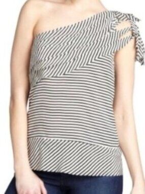 BCBGMaxAzria Black and White Striped One-Shoulder Blouse